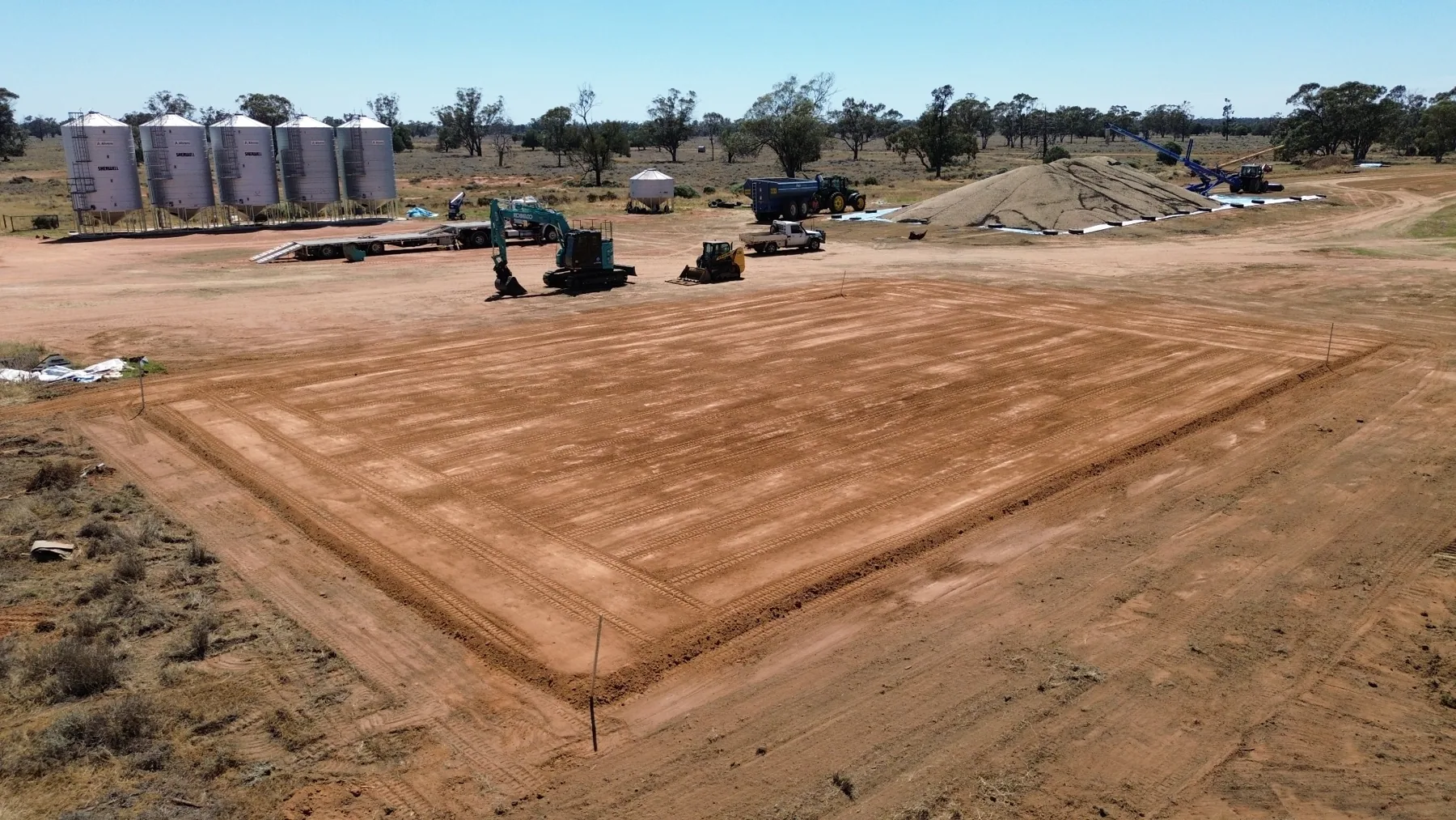 Large prepared earthworks pad photographed from above